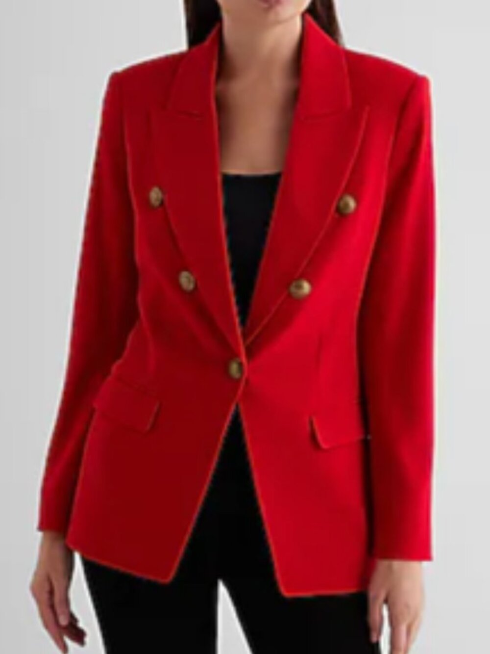 Express Lipstick Red Crest Novelty Gold Button Stretch Crepe Blazer